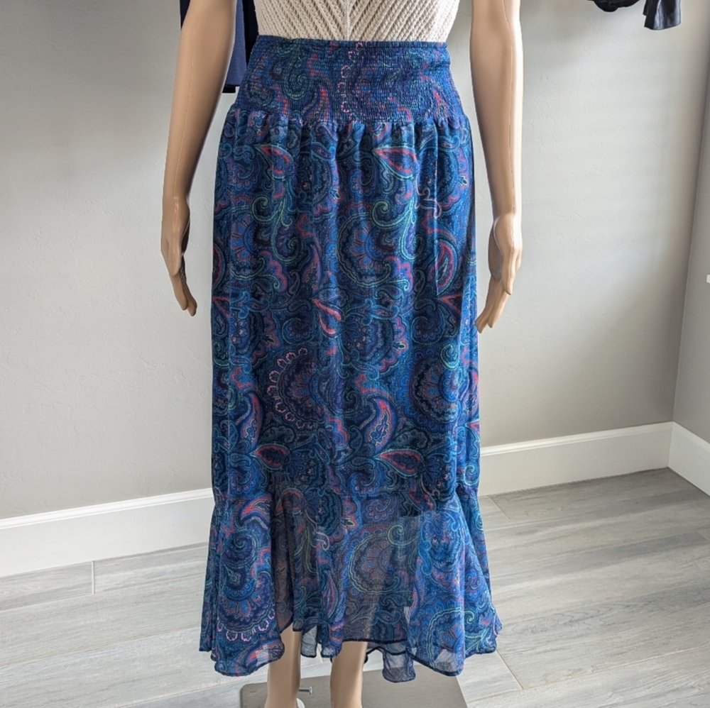 Curation Caravan High Low Blue Paisley Chiffon Midi Skirt Size 3X Elastic Waist